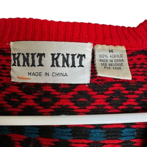 Vtg 80s 90s Cardigan Knit Knit Red Blue Grandpacore Grandmacore M Shoulder Pads - Picture 2 of 8